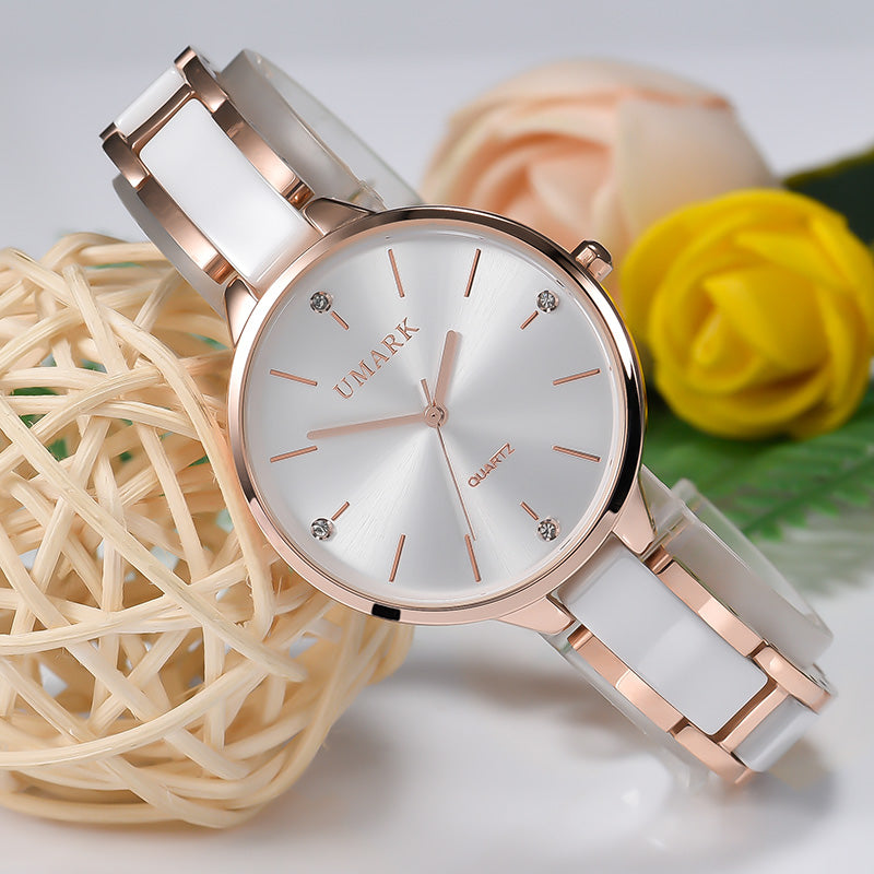 Ladies Ceramic Diamond Quartz Watch – Luxury Waterproof Wristwatch with Scratch-Resistant Strap & Slim 34mm Dial