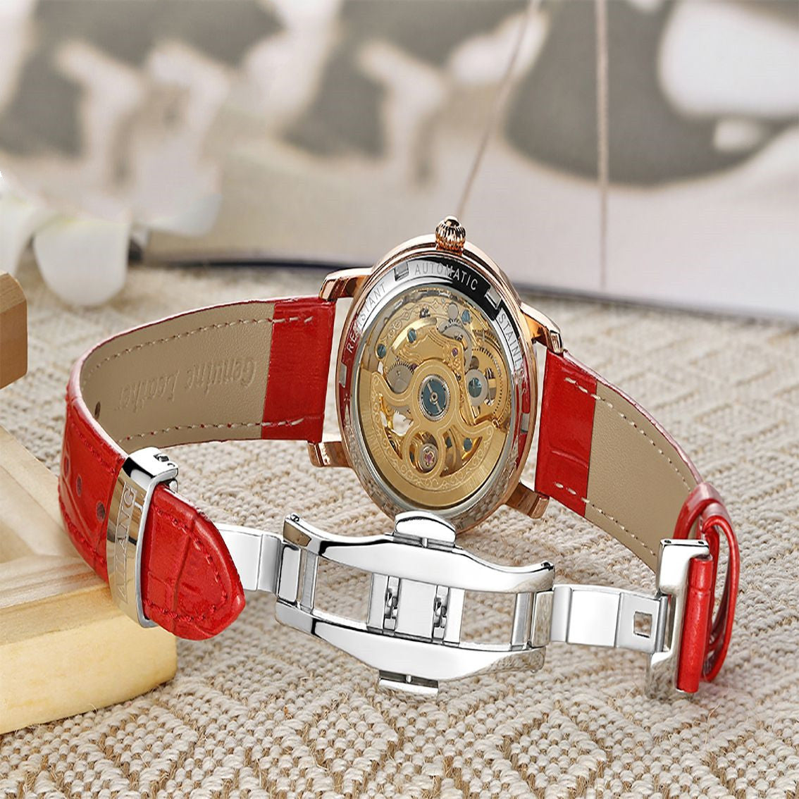 Ladies Luxury Skeleton Watch: Mechanical Movement | Diamond Accents | 10mm Slim Profile