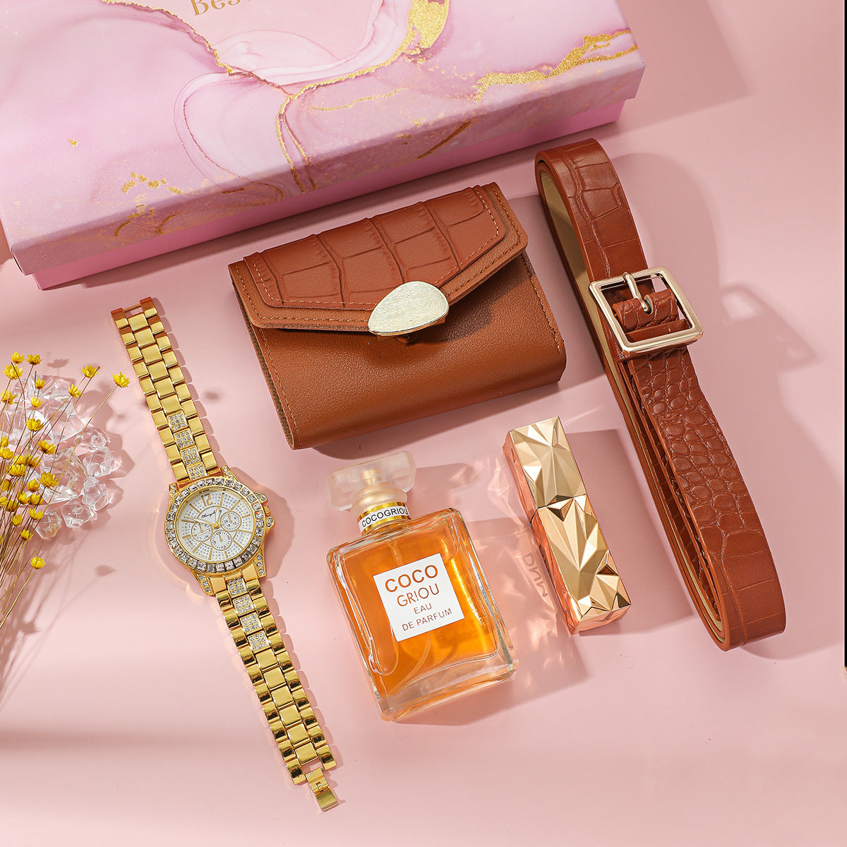 Ultimate 5-Piece Beauty Gift Box: Watch + Perfume + Lipstick + Wallet + Belt