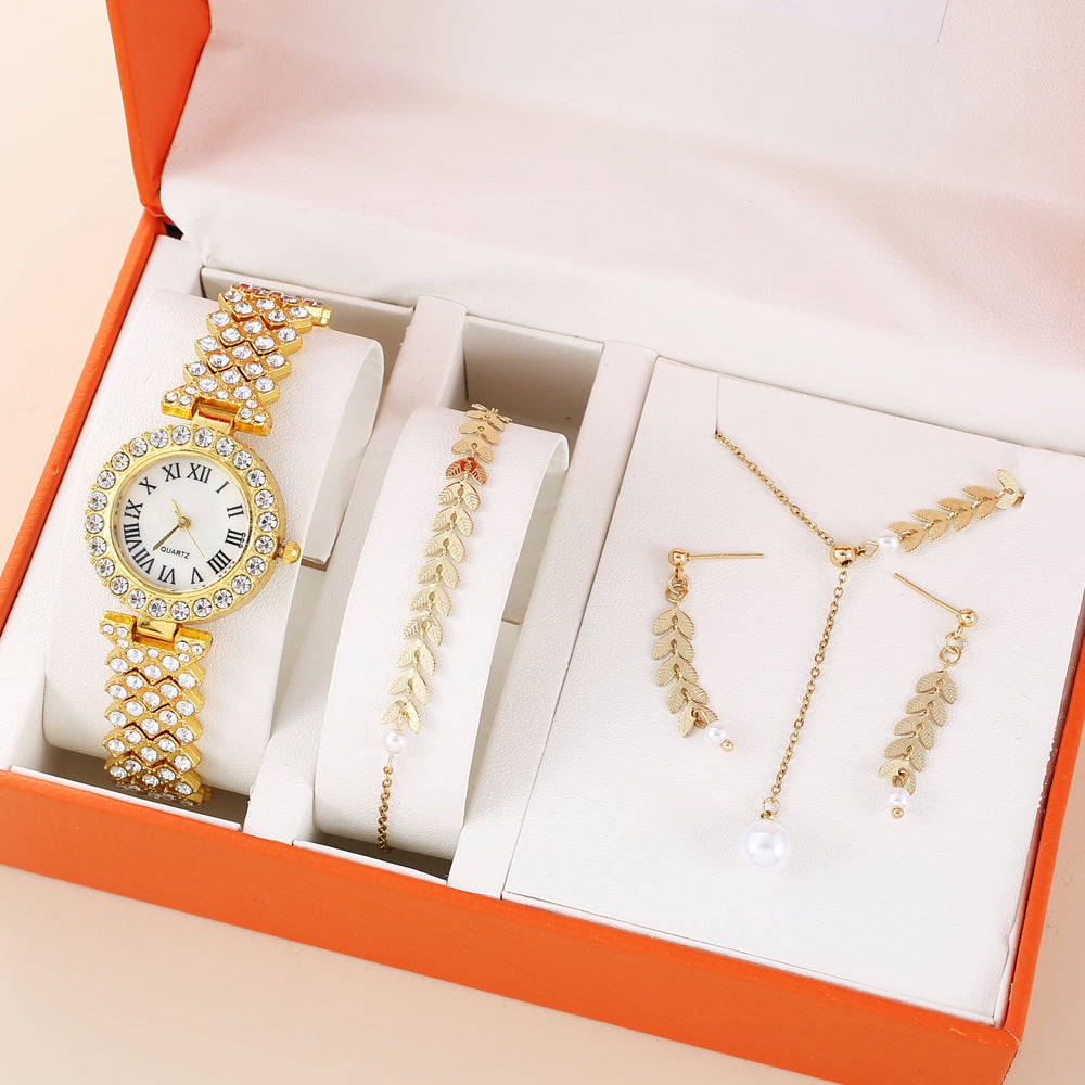 Women's 5-Piece Crystal Gift Set: Watch + Jewelry Box | Full Pave