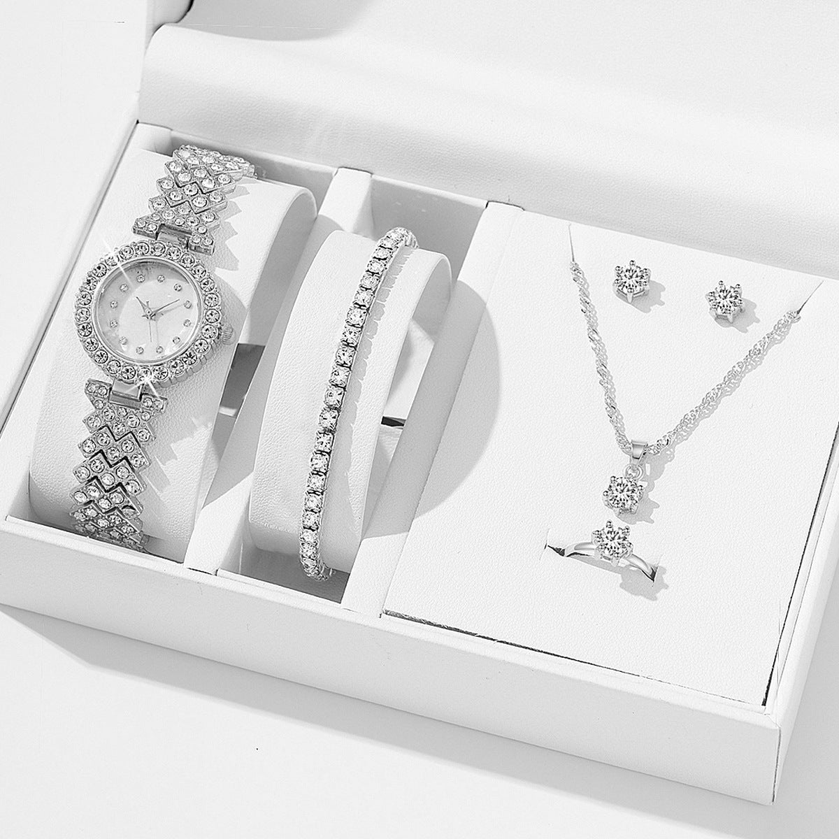 Women's 5-Piece Crystal Gift Set: Watch + Jewelry Box | Full Pave
