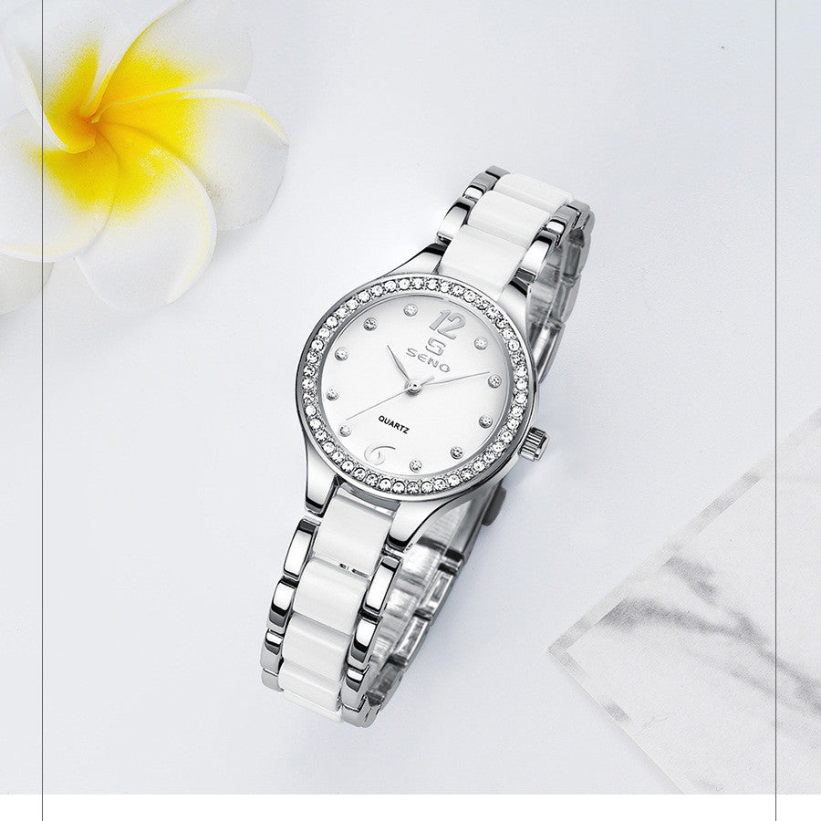 Luxury Ceramic-Style Link Watch: 30mm Elegant Dial | 9mm Slim | Jewelry Clasp