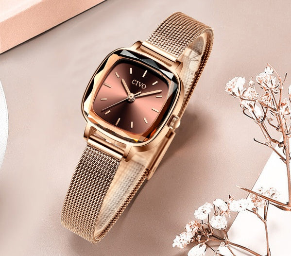 CIVO 22mm Petite Square Watch: 7mm Ultra-Slim | Faceted Diamond-Cut Glass | Milanese Mesh Bracelet