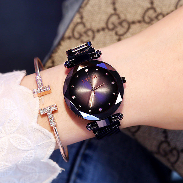 Women's 35mm Starry Sky Quartz: Magnetic Mesh Strap | 3D Diamond-Cut Glass