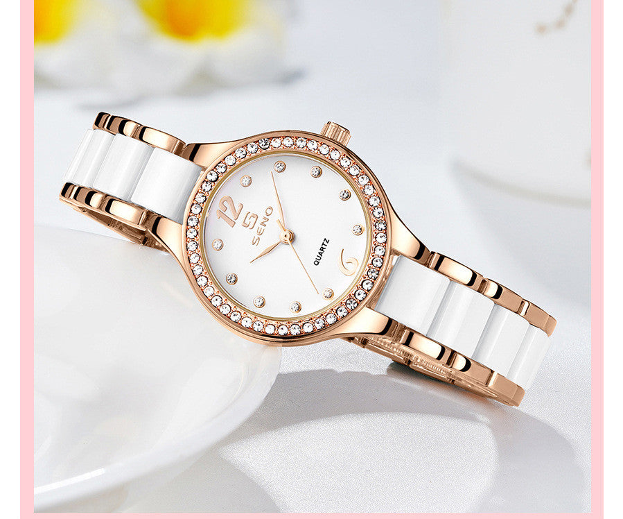 Luxury Ceramic-Style Link Watch: 30mm Elegant Dial | 9mm Slim | Jewelry Clasp