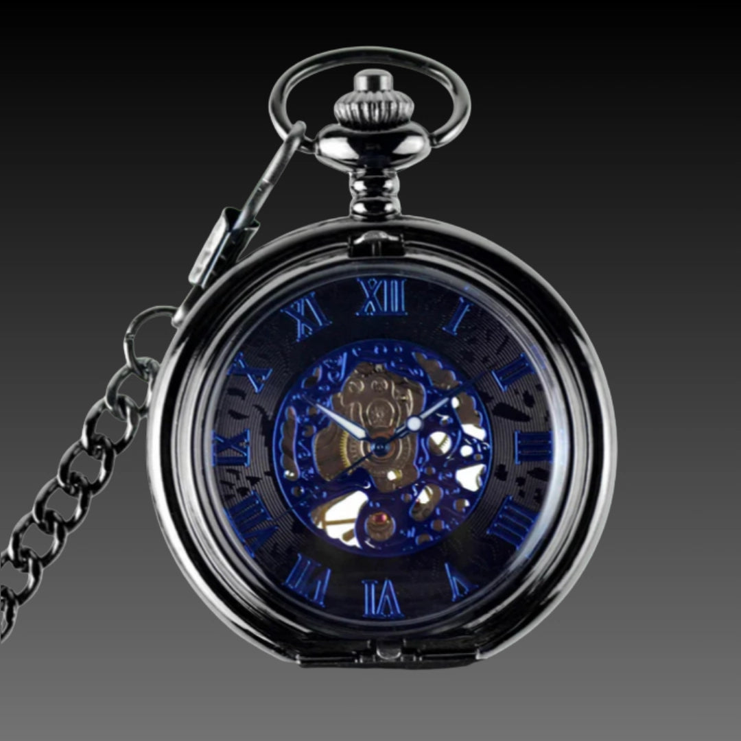 Vintage Gunmetal Skeleton Mechanical Pocket Watch – Steampunk Hollow Gear Design with Flip Cover & Heavy Duty Chain