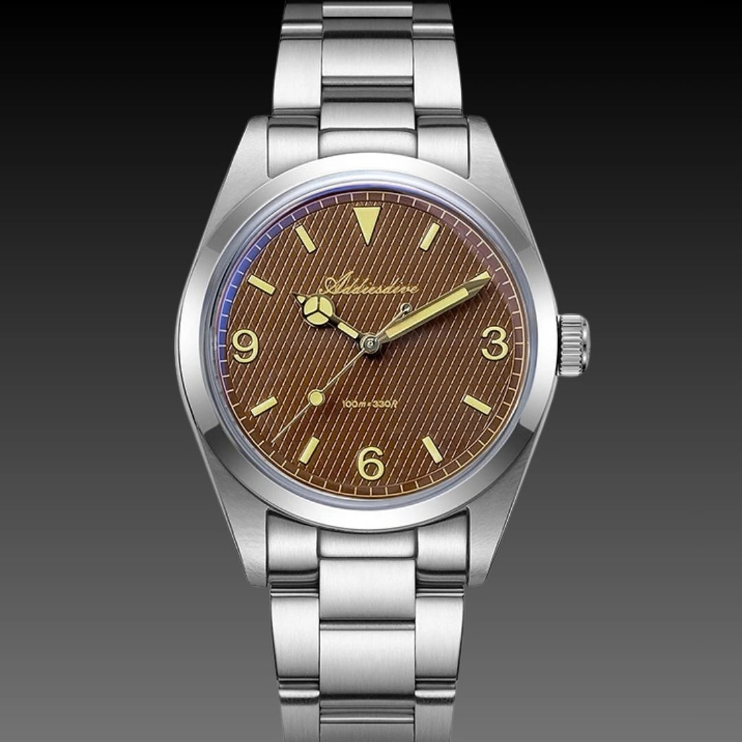 36mm Vintage Explorer Style Watch: Sweep Second Quartz | 100M Waterproof | K1 Bubble Glass