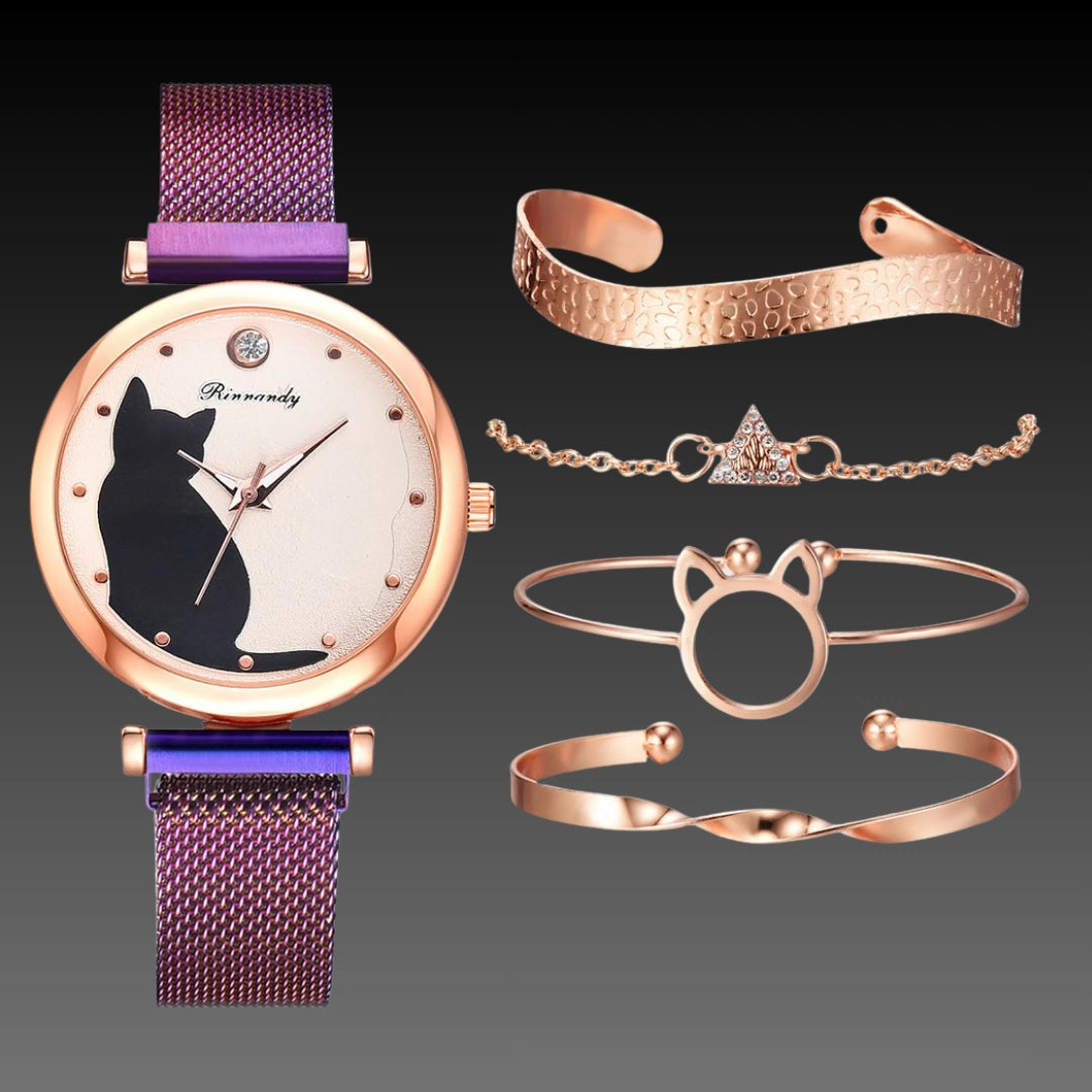 Cute Cat Quartz Watch: 34mm Magnetic Mesh Strap | 10mm Slim | Ladies Gift Set