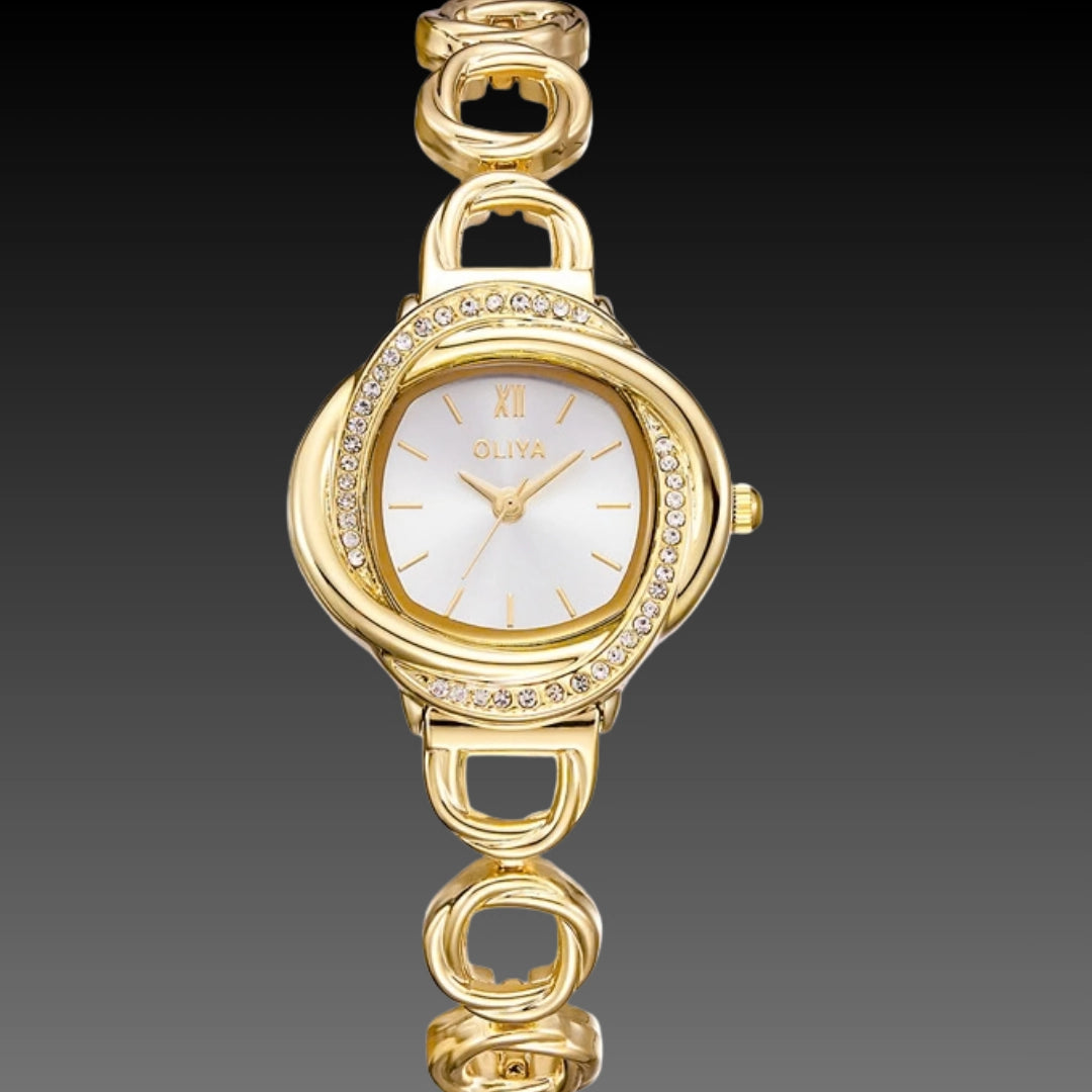 Luxury OLIYA Crystal Watch: Light Luxury Versatile | 9mm Slim Metal | Interlocking Link Bracelet
