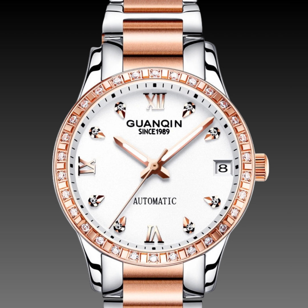 Ladies Titanium Mechanical Watch: 33mm Ceramic Strap | Diamond Bezel | Skeleton Dial