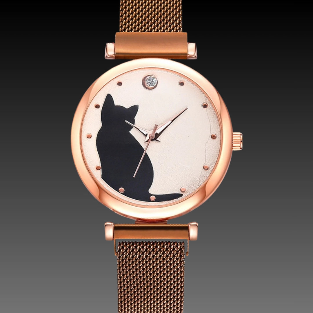 Cute Cat Quartz Watch: 34mm Magnetic Mesh Strap | 10mm Slim | Ladies Gift Set