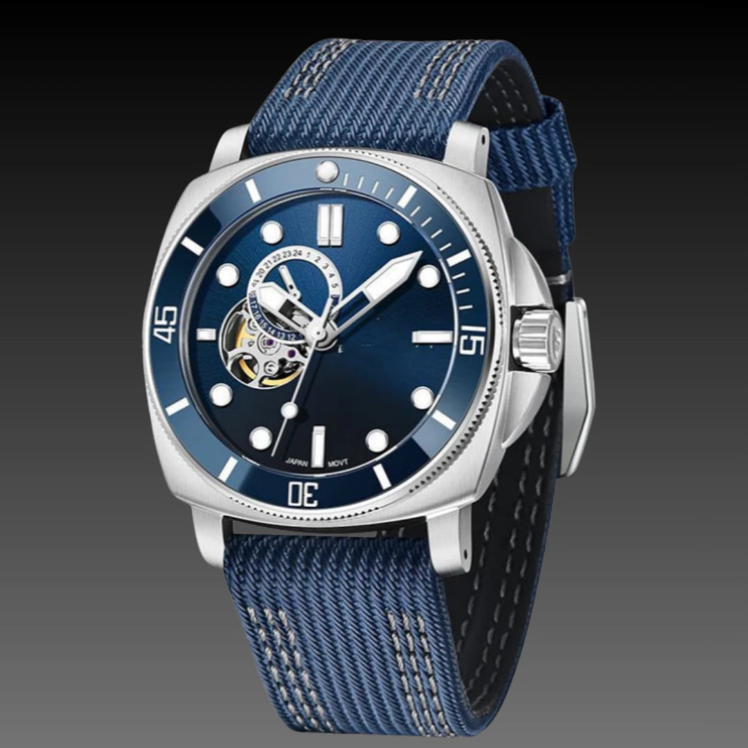 Tonneau Sport Skeleton Automatic: 43mm Barrel Case | Hybrid Composite Strap | Luminous Dial