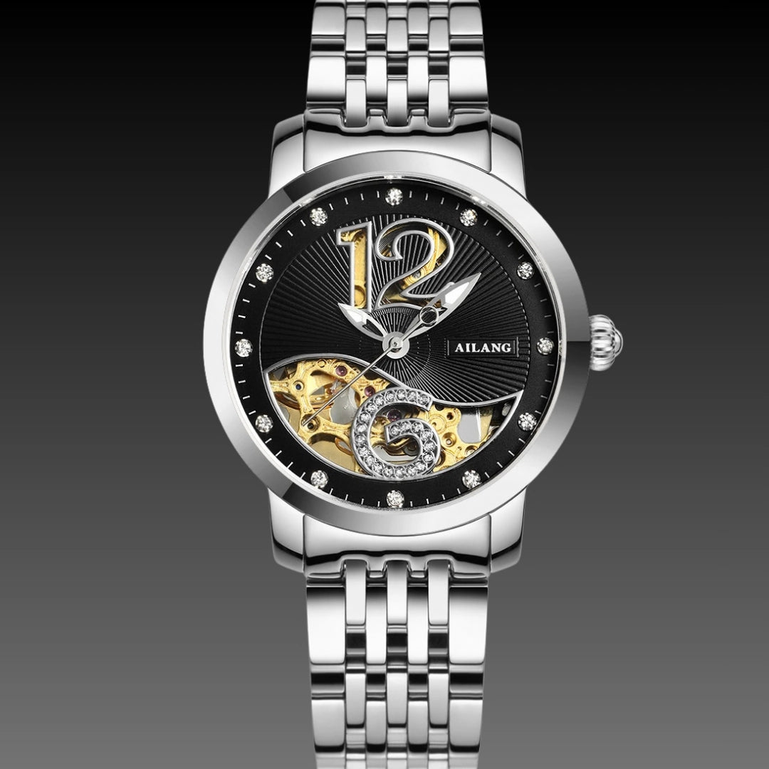 Ladies Luxury Skeleton Watch: Mechanical Movement | Diamond Accents | 10mm Slim Profile