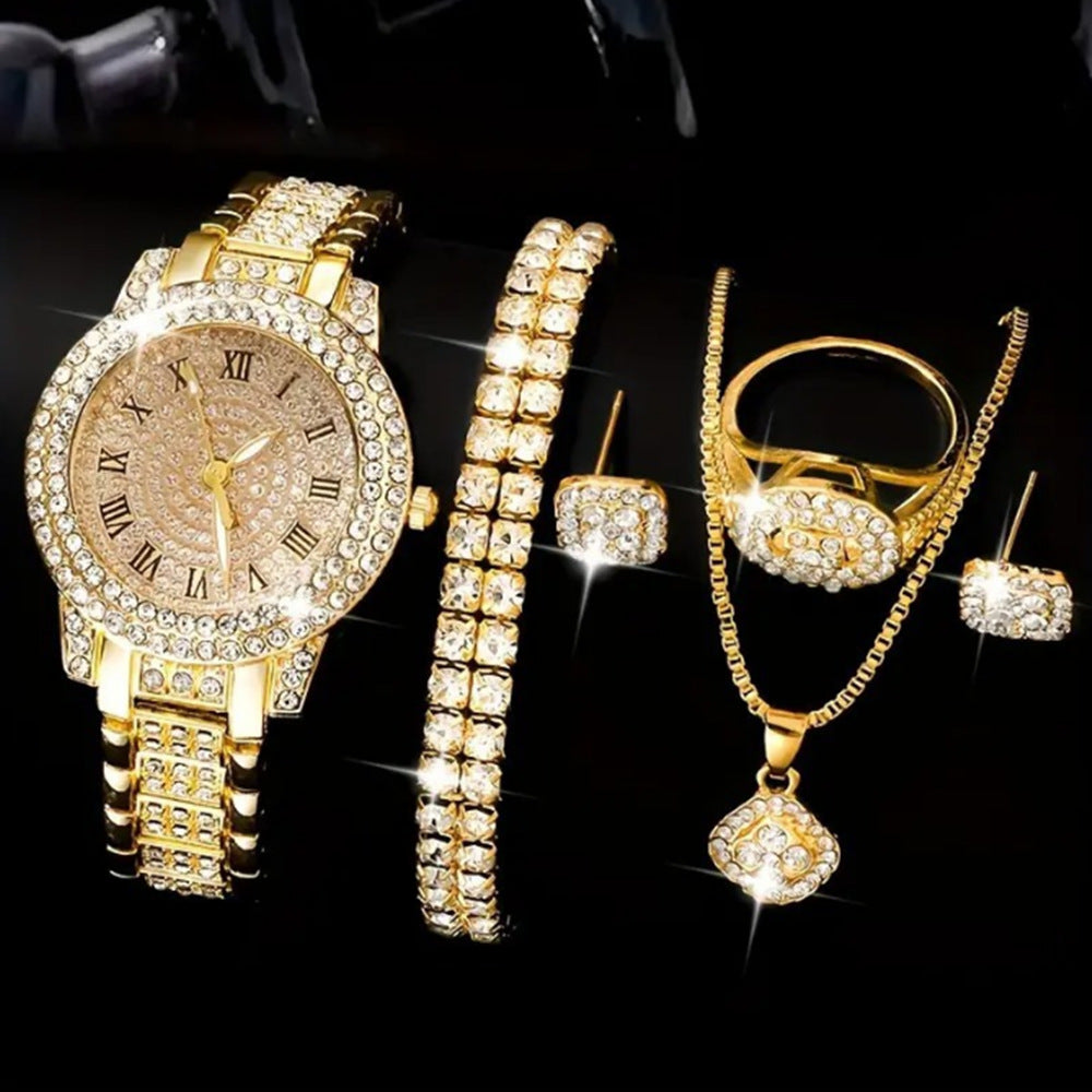 Luxury 5-Piece "Iced Out" Set: Full Diamond Watch + Jewelry Suite | Steel Link