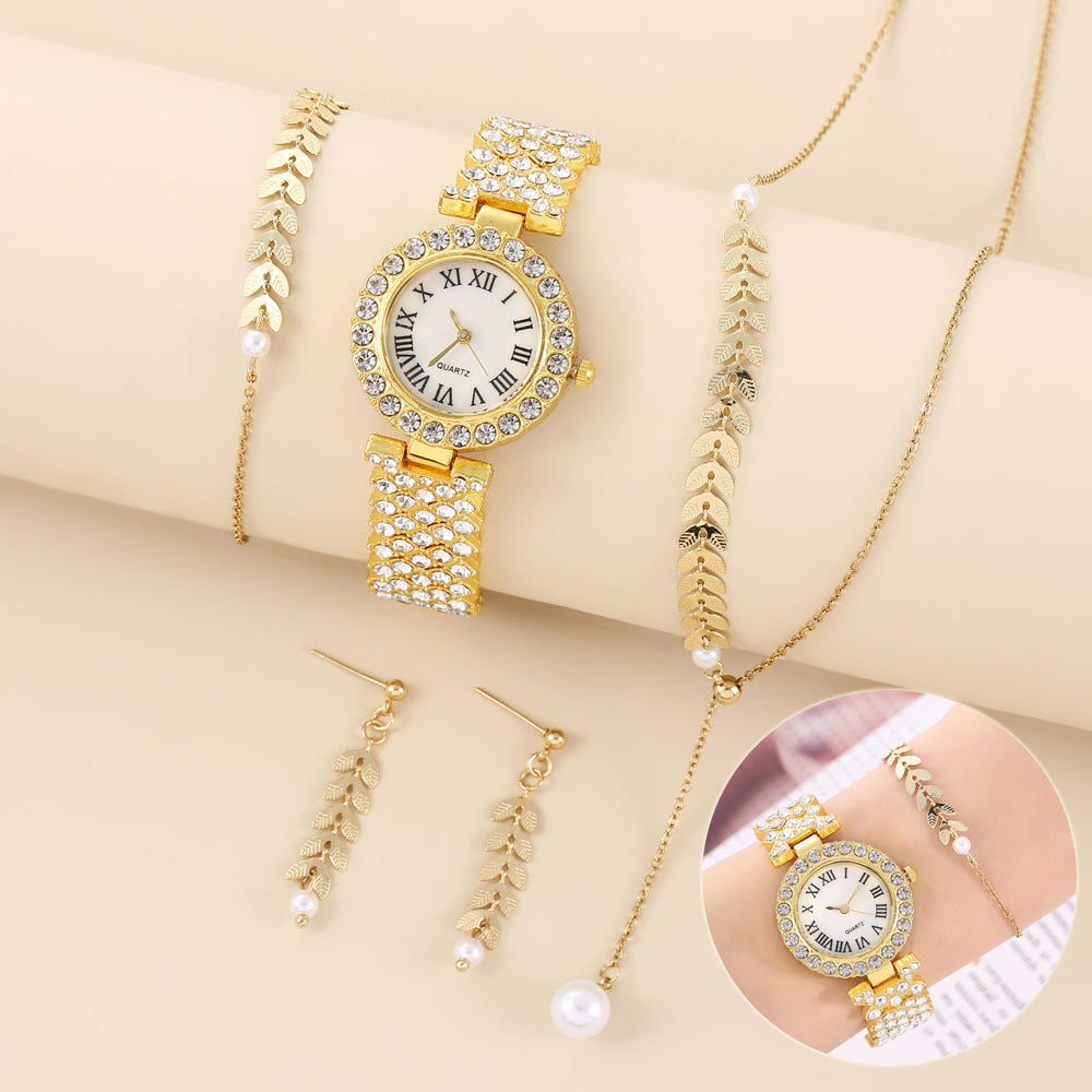 Women's 5-Piece Crystal Watch & Jewelry Gift Set | Necklace Earrings & Bracelet Included
