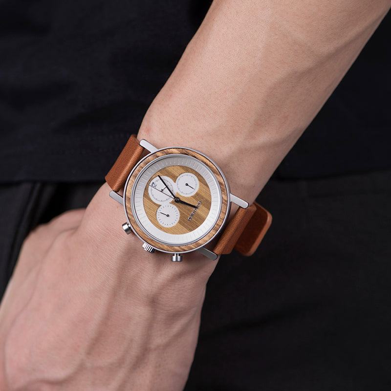 Men's 44.3mm Wood & Steel Chronograph Watch | Miyota Movement