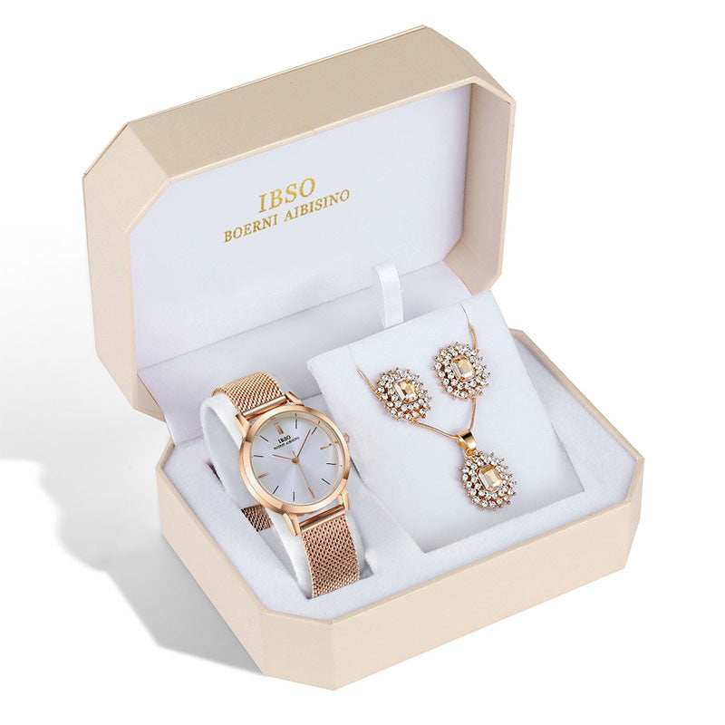 Luxury Watch & Jewelry Gift Set: 30mm Quartz | 8mm Slim | Waterproof | Complete 5-Piece Box