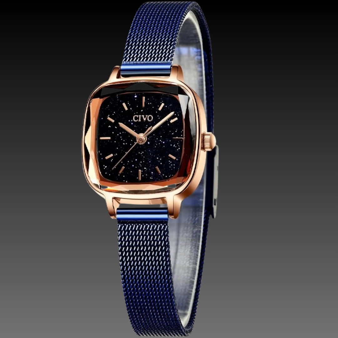 CIVO 22mm Petite Square Watch: 7mm Ultra-Slim | Faceted Diamond-Cut Glass | Milanese Mesh Bracelet