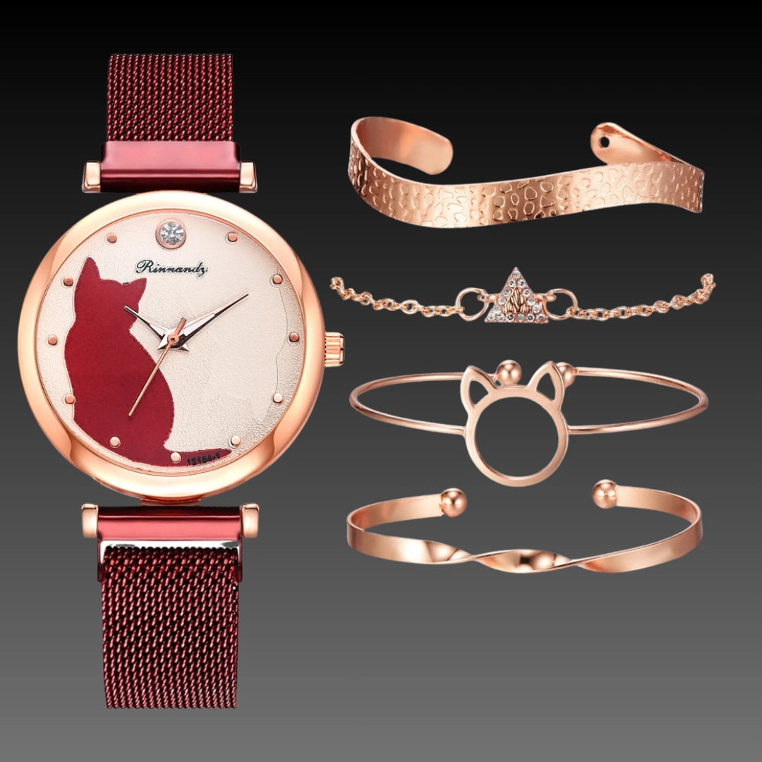 Cute Cat Quartz Watch: 34mm Magnetic Mesh Strap | 10mm Slim | Ladies Gift Set