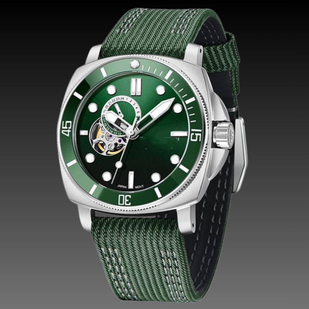 Tonneau Sport Skeleton Automatic: 43mm Barrel Case | Hybrid Composite Strap | Luminous Dial