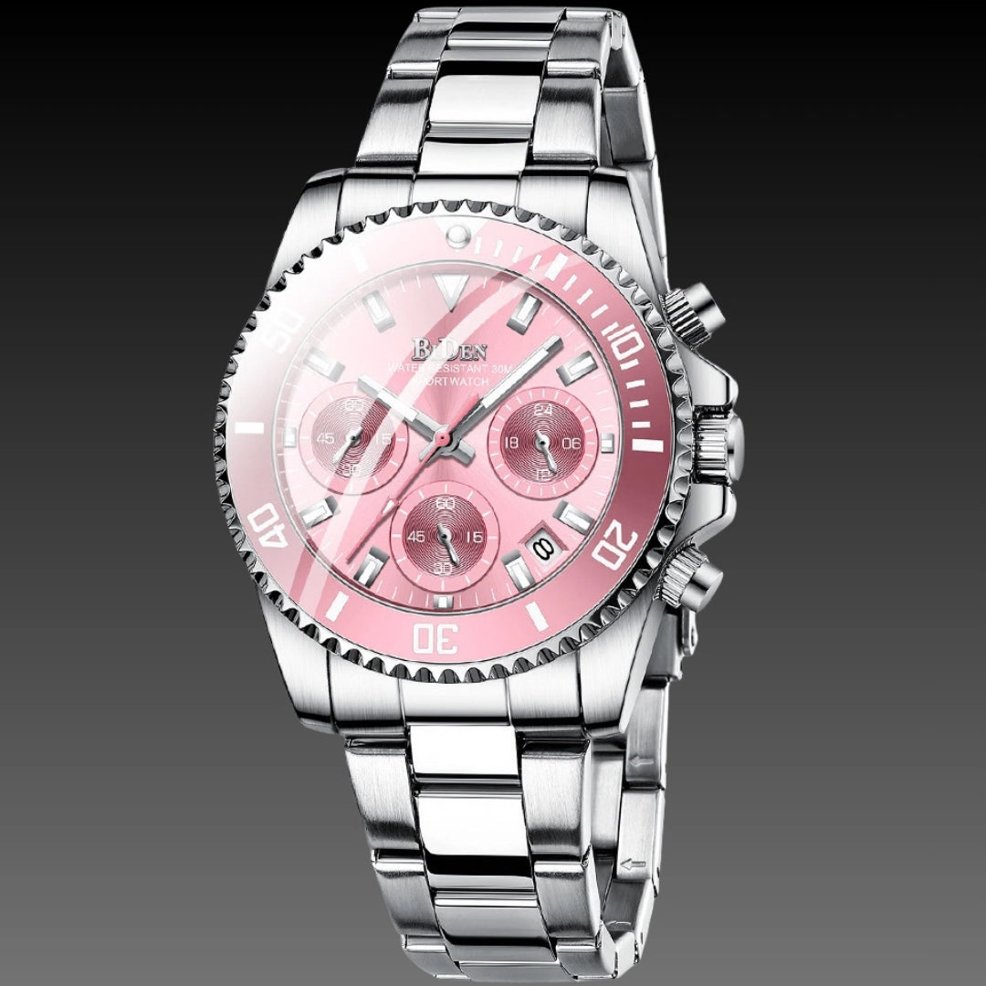 Ladies Sport-Luxe Chronograph: 38.5mm Industrial Bezel | Functional Sub-Dials | Luminous
