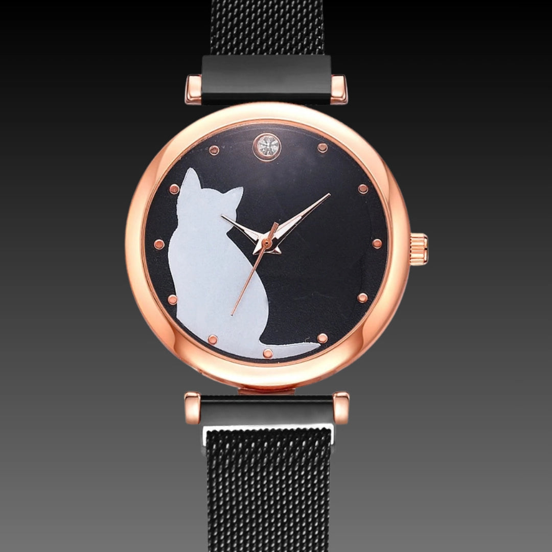 Cute Cat Quartz Watch: 34mm Magnetic Mesh Strap | 10mm Slim | Ladies Gift Set