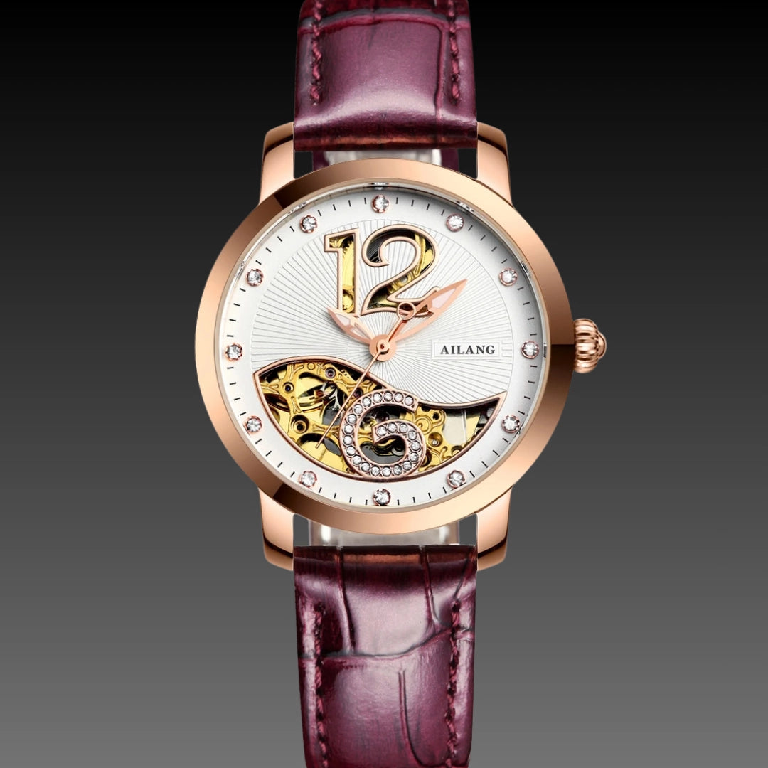Ladies Luxury Skeleton Watch: Mechanical Movement | Diamond Accents | 10mm Slim Profile