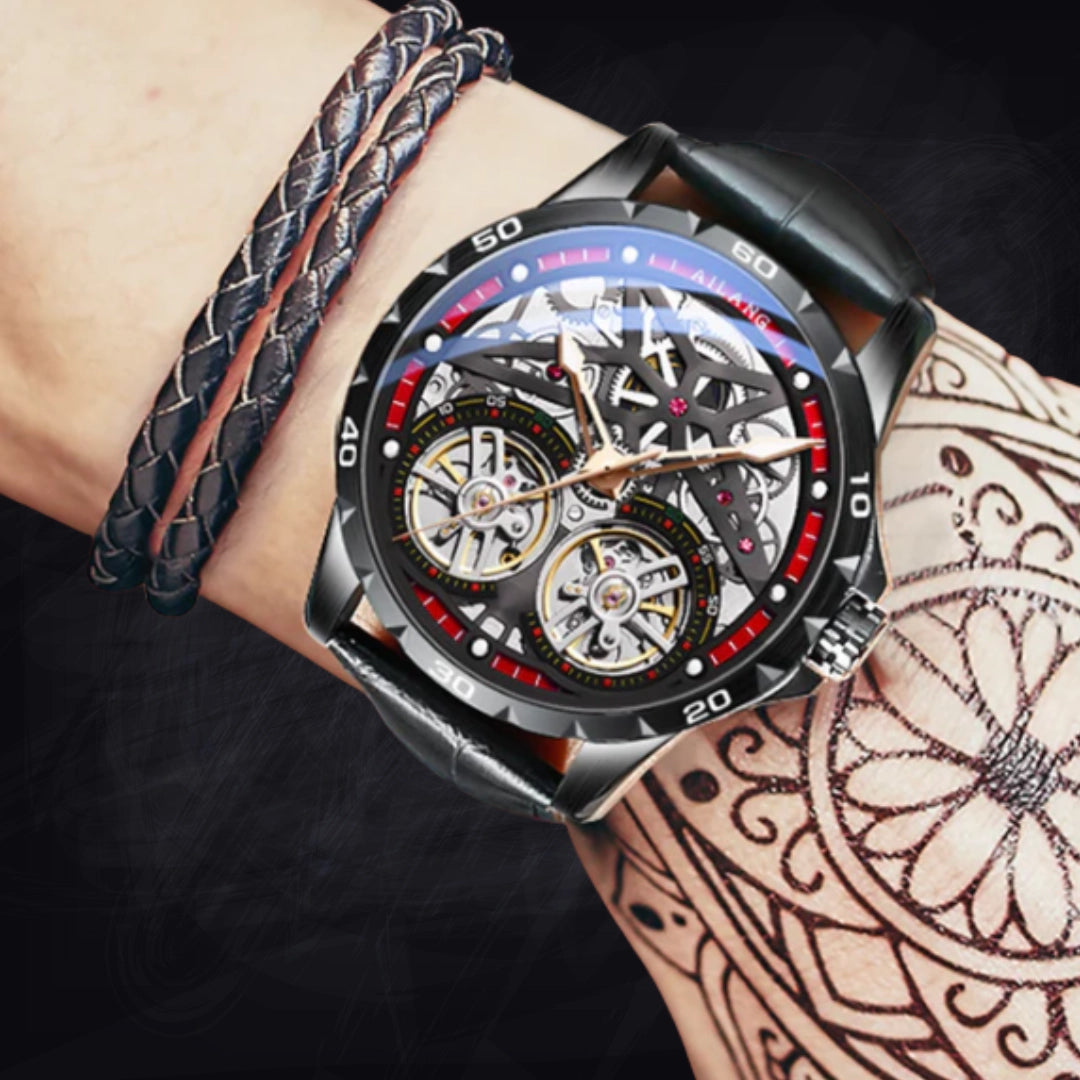 Men's Automatic Skeleton Watch – Self-Winding Hollow Mechanical with Leather Strap