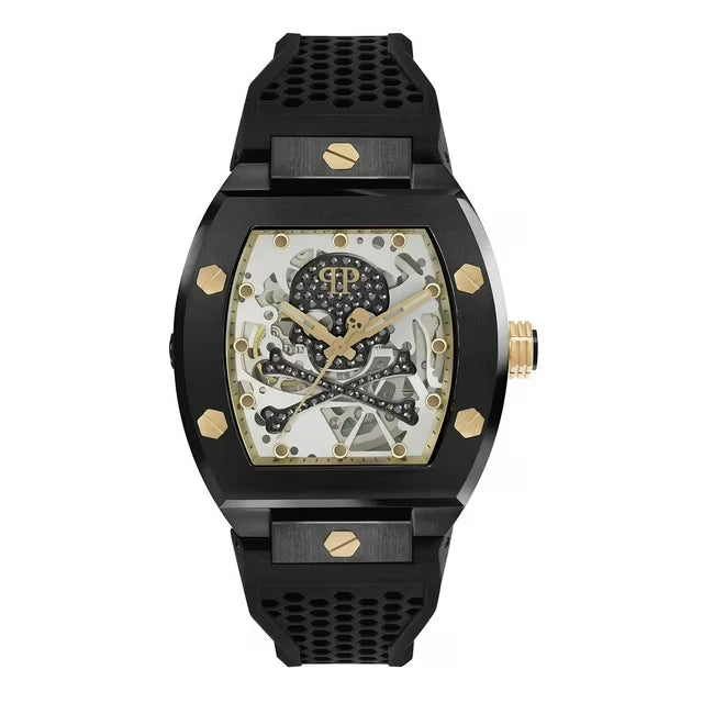 Philipp Plein $keleton Crystal Automatic Black Silicone Watch, 44mm
