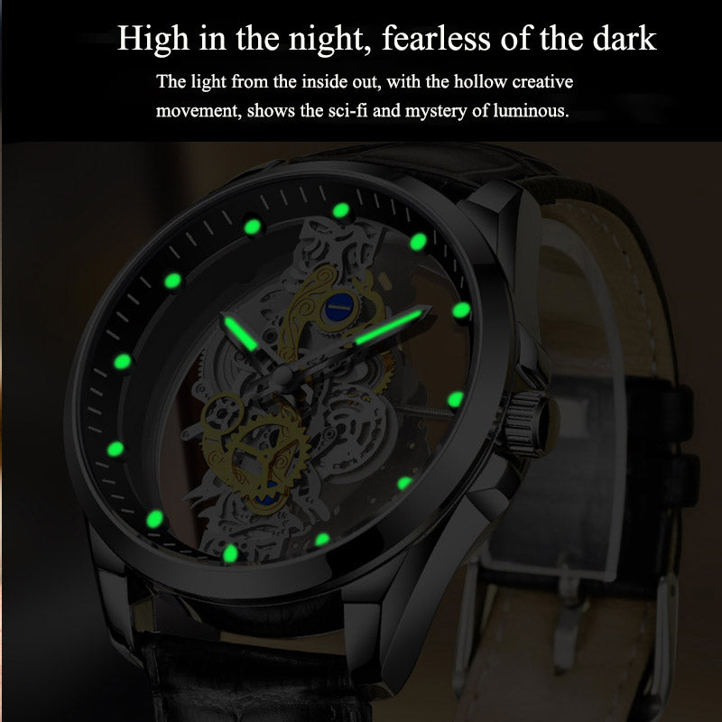 Men's 40mm Skeleton Quartz Watch: Seagull 520 Movement | Hollow Dial | Luminous