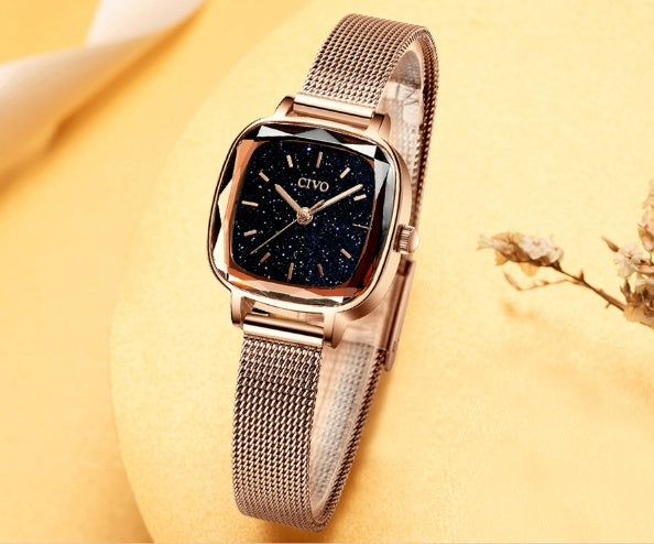 CIVO 22mm Petite Square Watch: 7mm Ultra-Slim | Faceted Diamond-Cut Glass | Milanese Mesh Bracelet