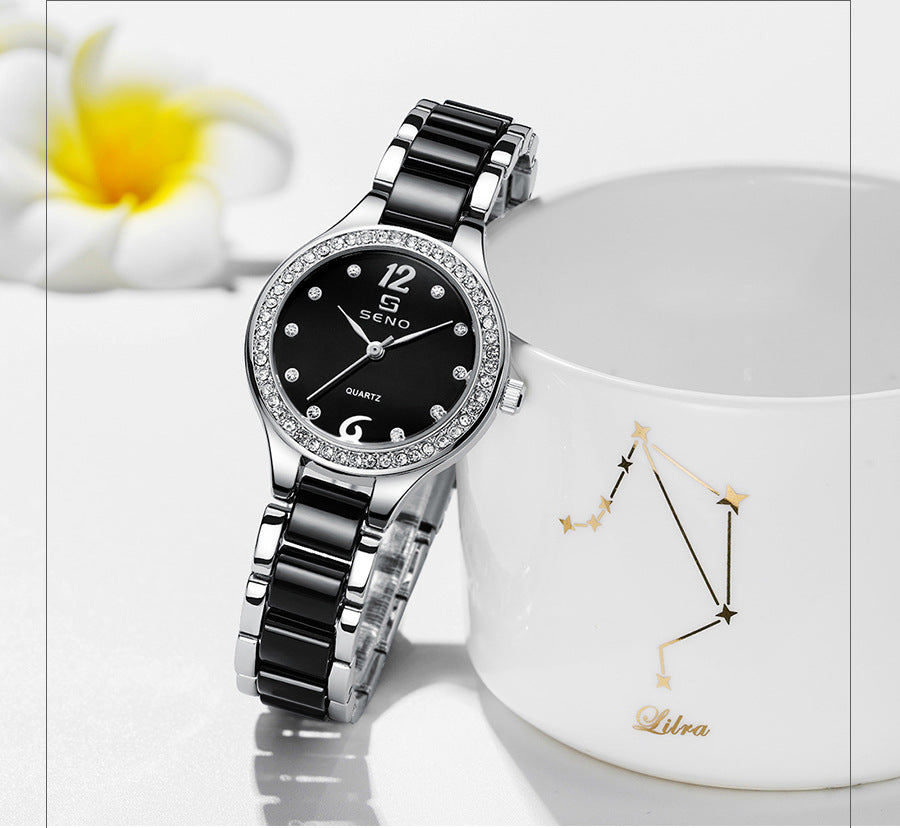 Luxury Ceramic-Style Link Watch: 30mm Elegant Dial | 9mm Slim | Jewelry Clasp