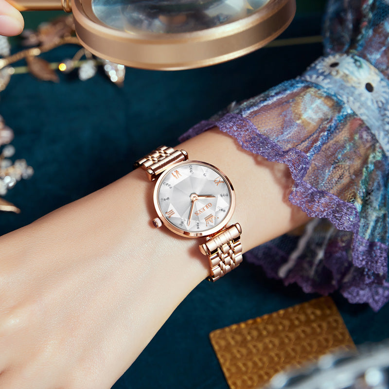 Ladies Light Luxury Quartz Watch – Waterproof Stainless Steel Timepiece with Zircon Accents