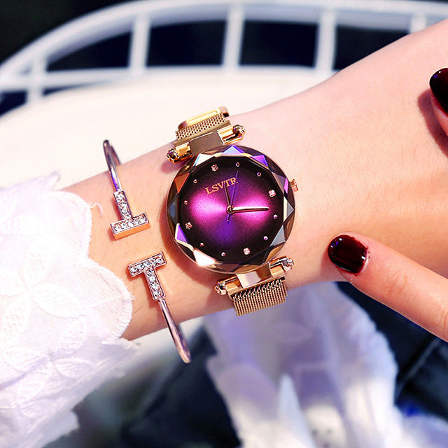 Women's 35mm Starry Sky Quartz: Magnetic Mesh Strap | 3D Diamond-Cut Glass