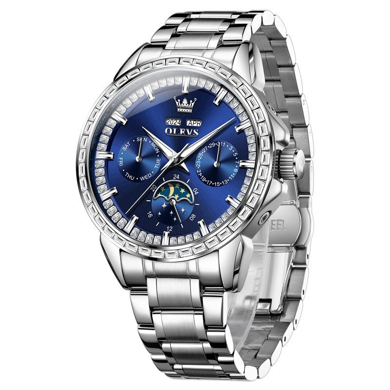 Men's 41mm Diamond Automatic Watch: Moon Phase | Full Calendar | OLEVS 6695