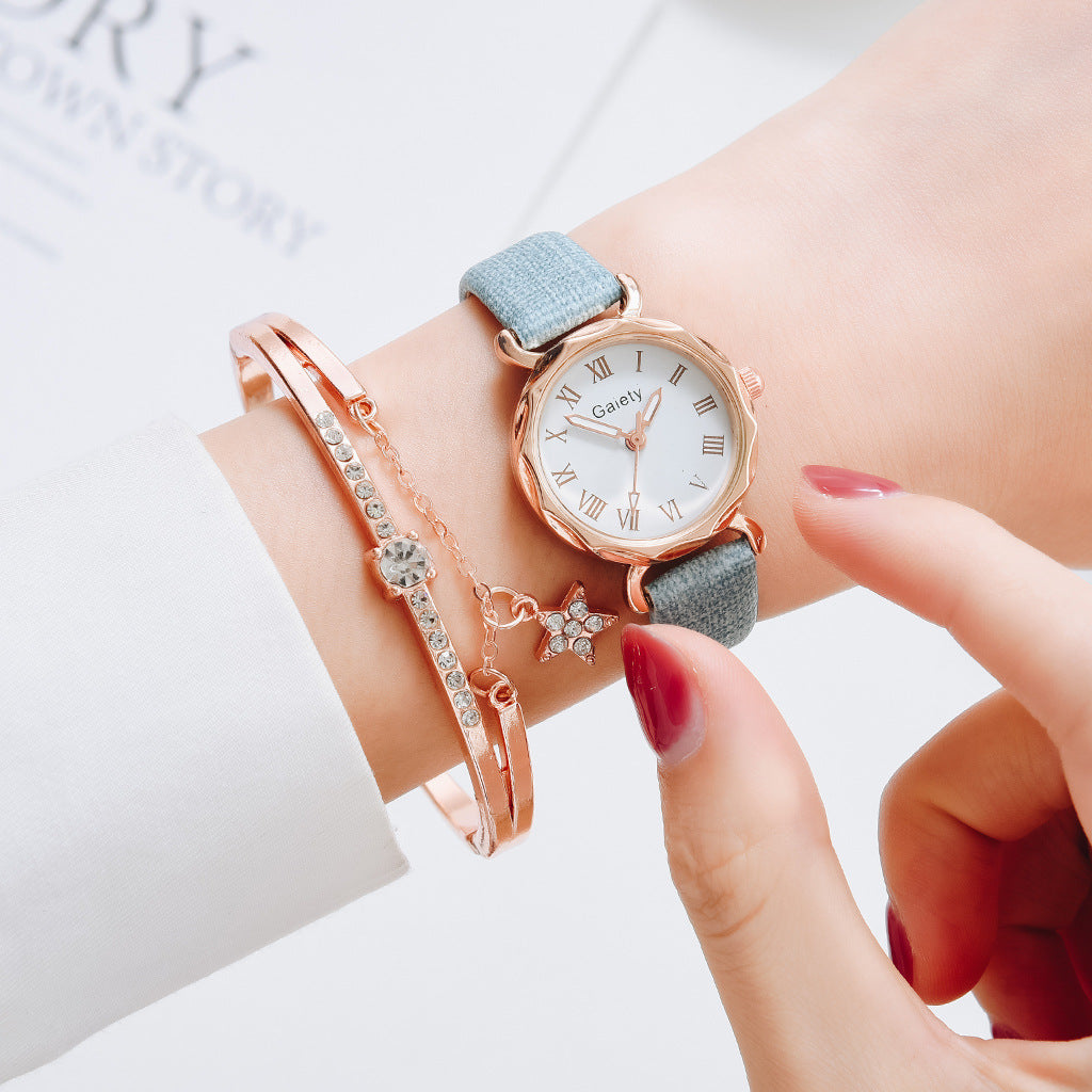 Korean Simple Student Watch – Ladies Quartz Roman Numeral Canvas Strap (Bracelet Set Available)