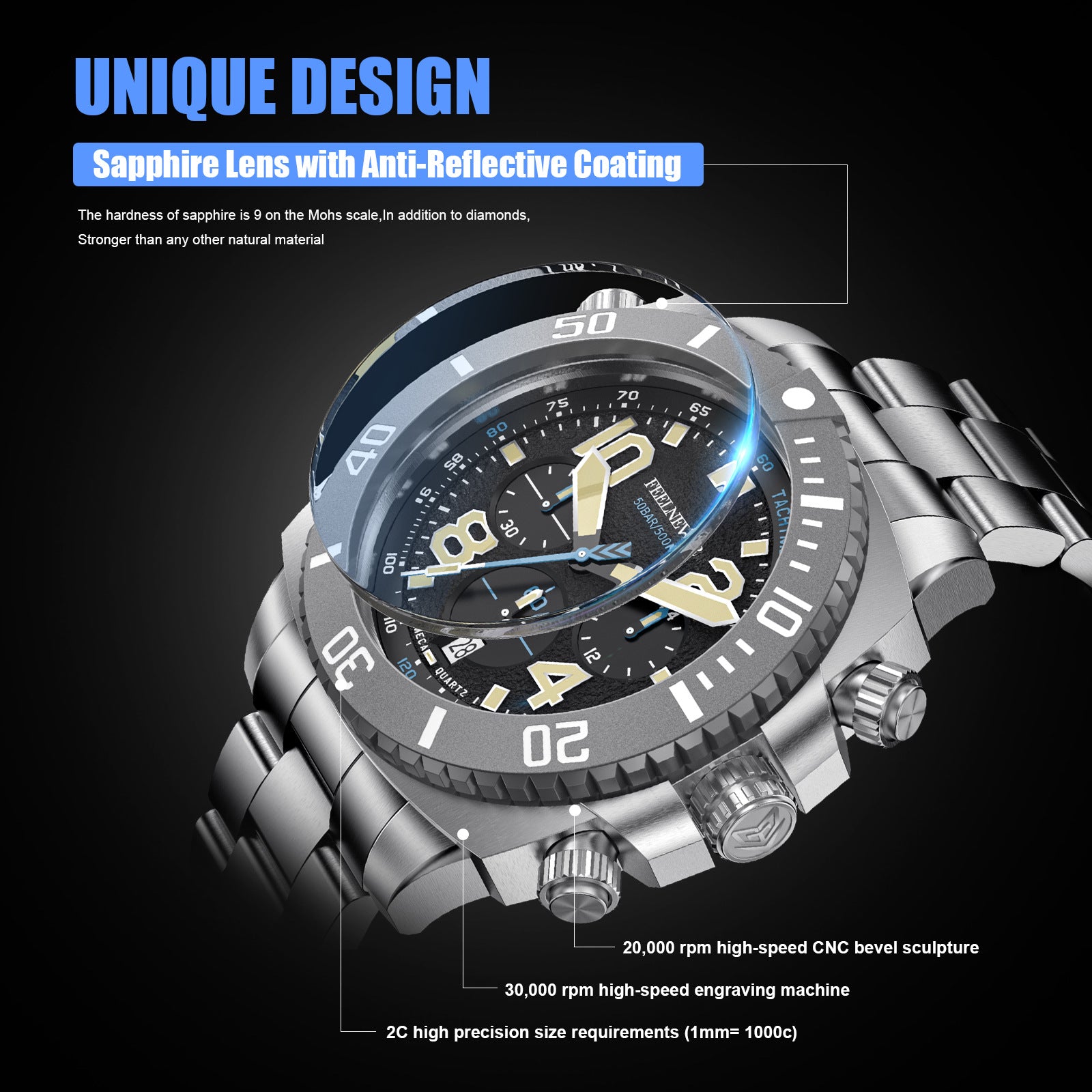 Men's 48mm "Deep Dive" Chronograph: 500M Waterproof | Meca-Quartz | Sapphire