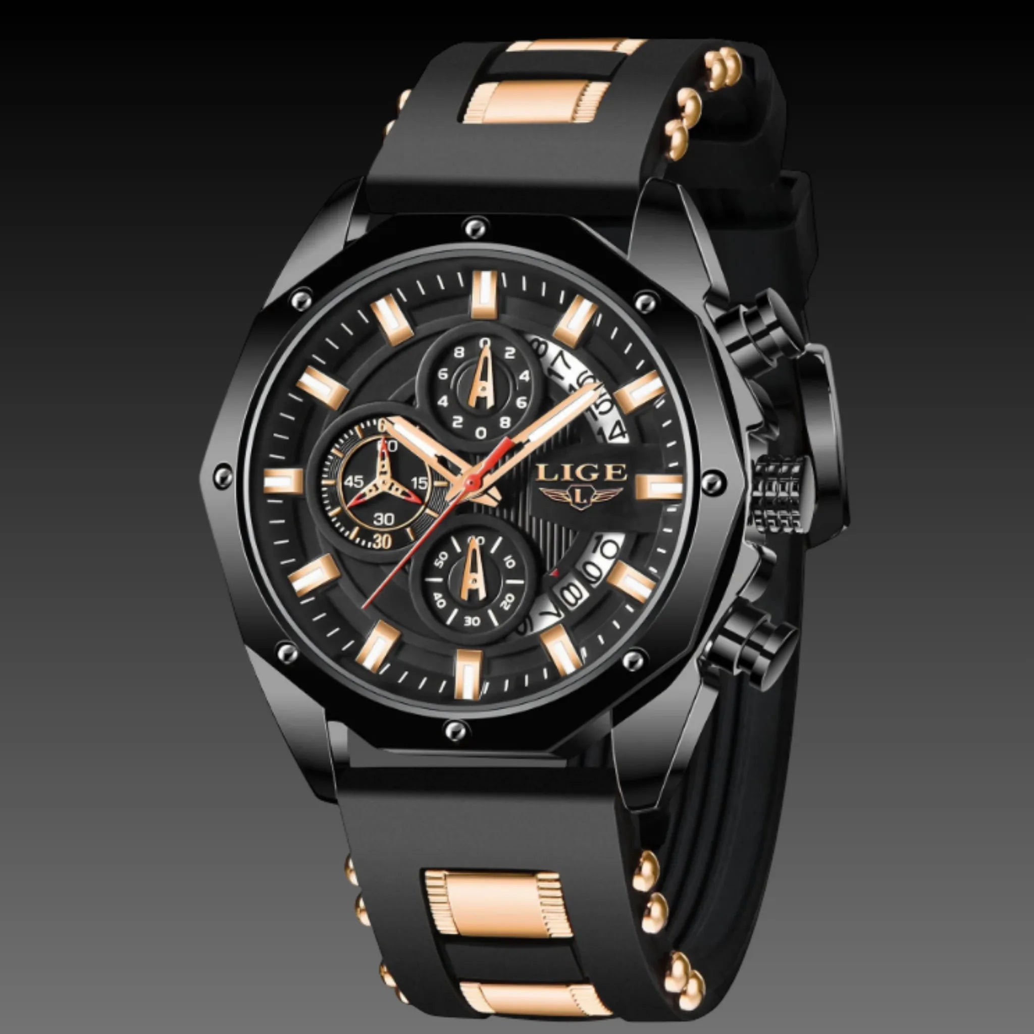 Men's 46mm Tonneau Sport Chronograph: Silicone Strap | LIGE Quartz | Racing Watch