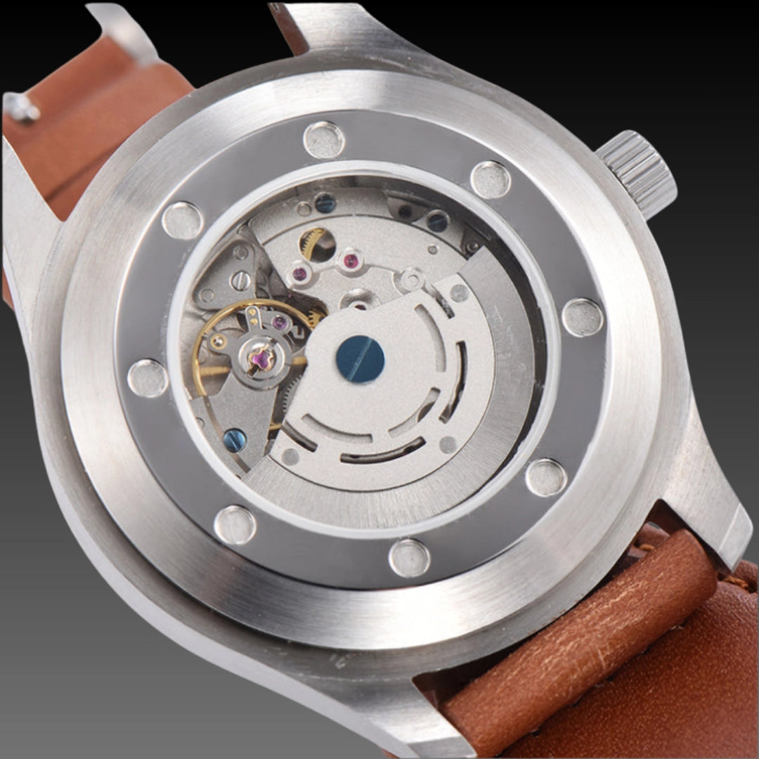 Men's Automatic Mechanical Luxury Watch – Stainless Steel Skeleton Case with Genuine Leather Strap