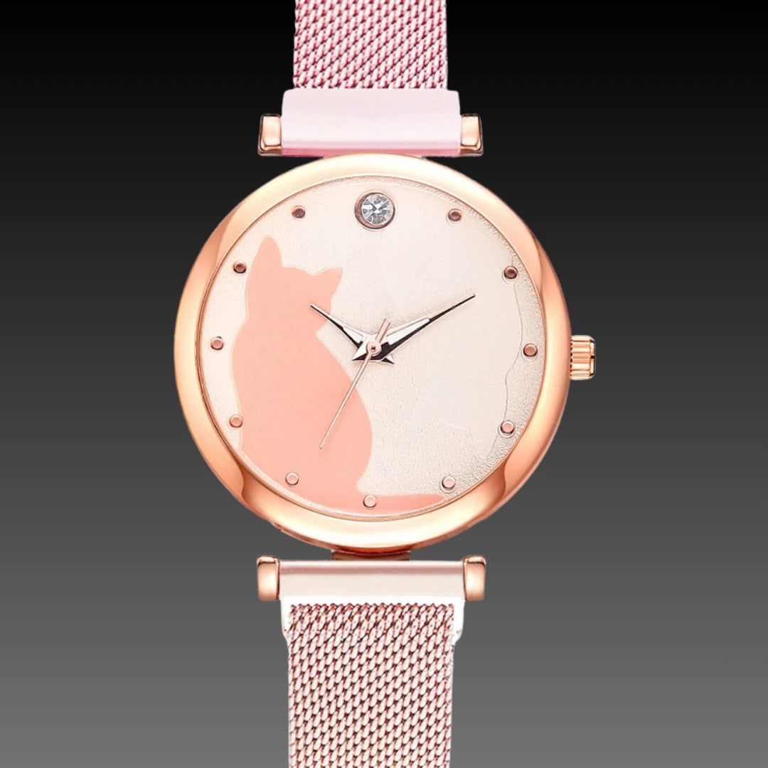 Cute Cat Quartz Watch: 34mm Magnetic Mesh Strap | 10mm Slim | Ladies Gift Set