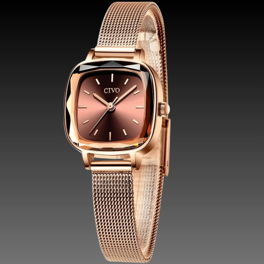 CIVO 22mm Petite Square Watch: 7mm Ultra-Slim | Faceted Diamond-Cut Glass | Milanese Mesh Bracelet