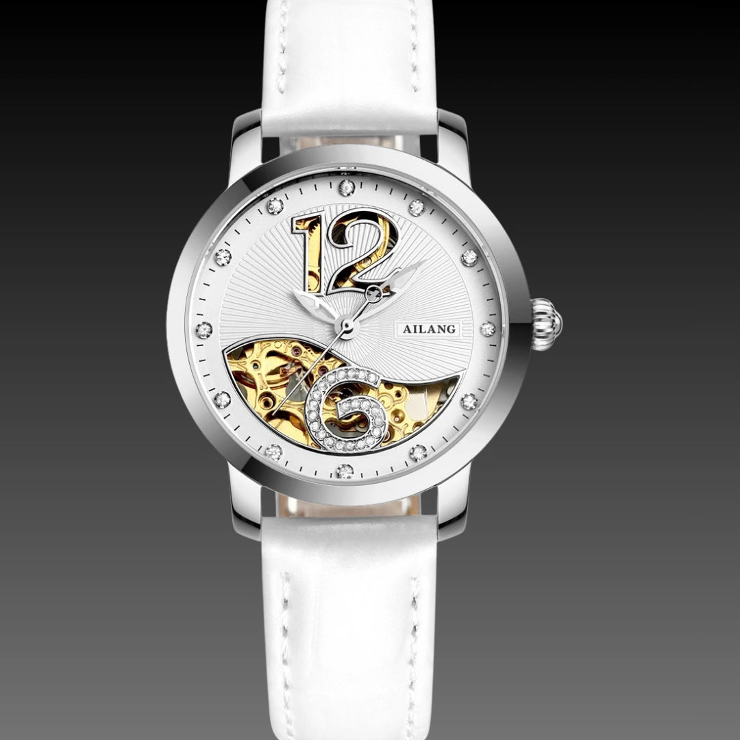 Ladies Luxury Skeleton Watch: Mechanical Movement | Diamond Accents | 10mm Slim Profile