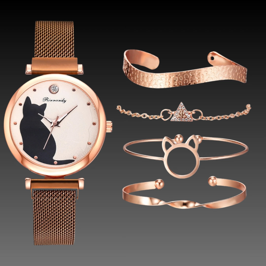 Cute Cat Quartz Watch: 34mm Magnetic Mesh Strap | 10mm Slim | Ladies Gift Set