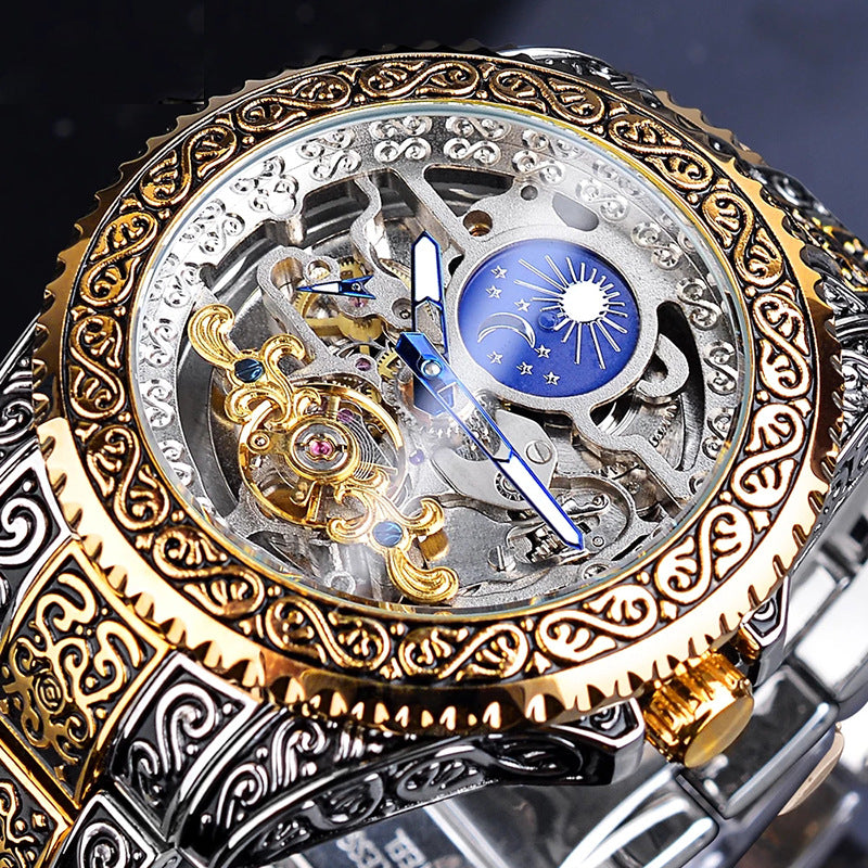Men's Engraved Skeleton Watch | Steampunk Mechanical Automatic | Carved Gold Case