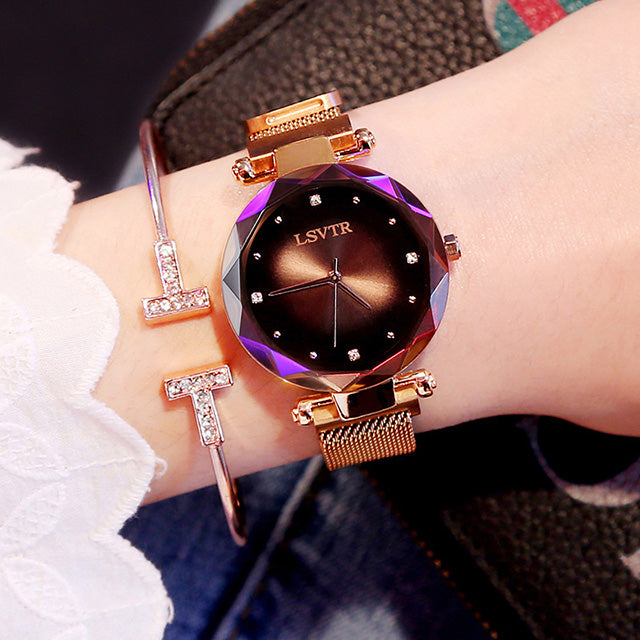 Women's Starry Sky Magnetic Watch | Rose Gold Mesh Strap | Diamond Cut Luxury Quartz