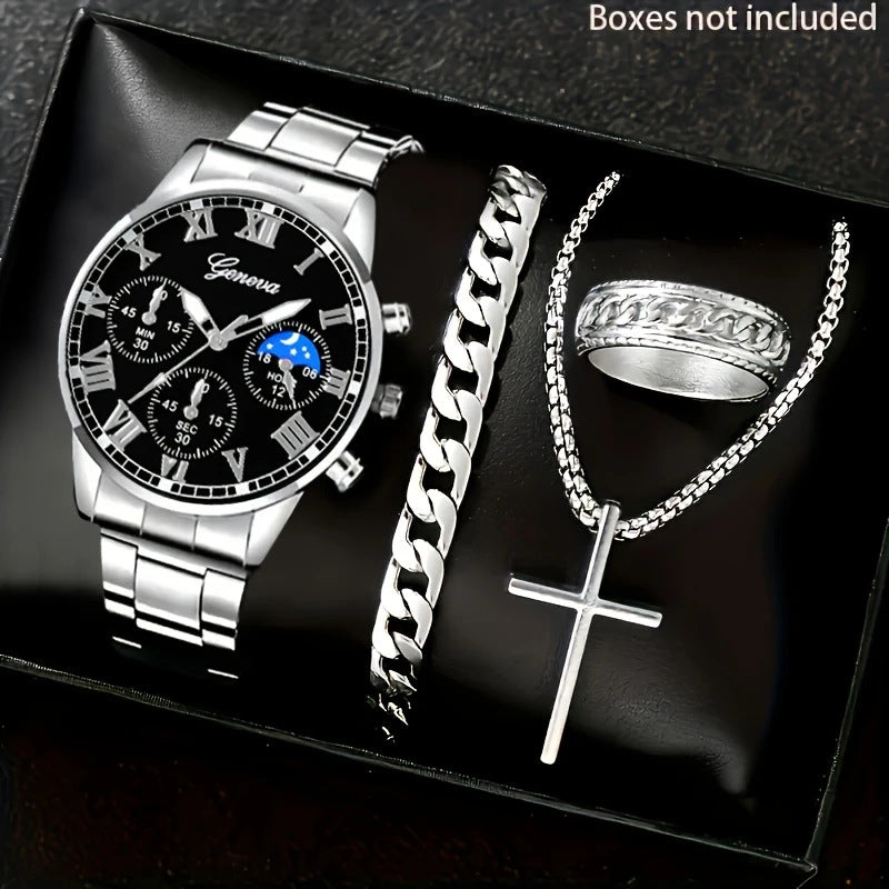 Mens Quartz Watch Necklace  Bracelet And Ring 4-Piece Set