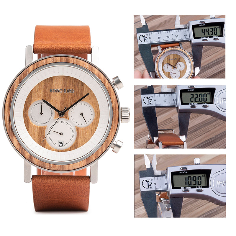 Men's 44.3mm Wood & Steel Chronograph Watch | Miyota Movement