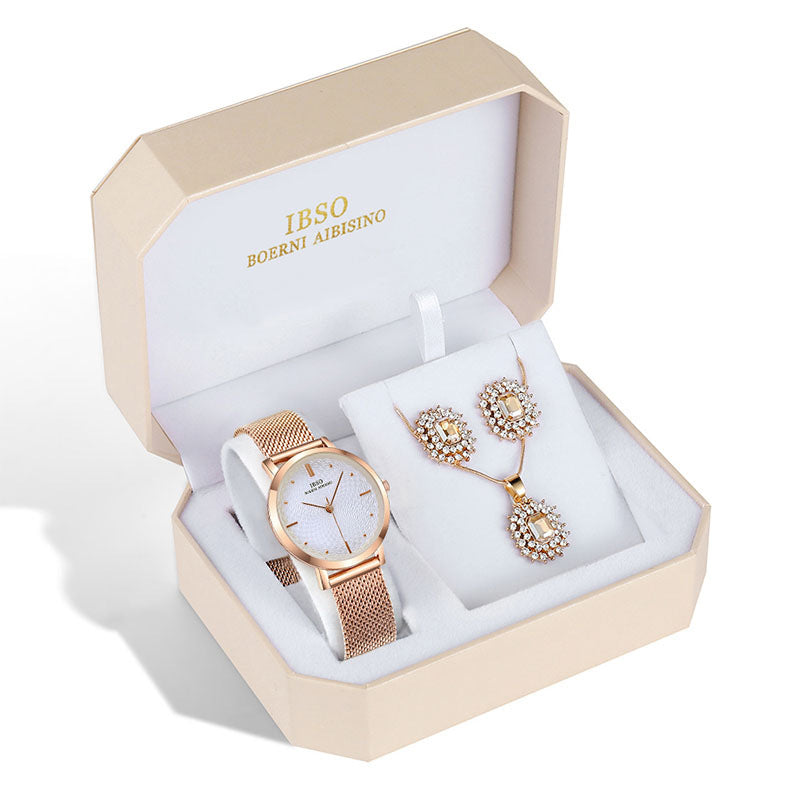 Luxury Watch & Jewelry Gift Set: 30mm Quartz | 8mm Slim | Waterproof | Complete 5-Piece Box