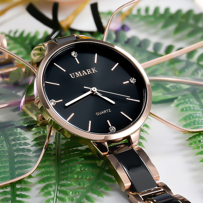 Ladies Ceramic Diamond Quartz Watch – Luxury Waterproof Wristwatch with Scratch-Resistant Strap & Slim 34mm Dial