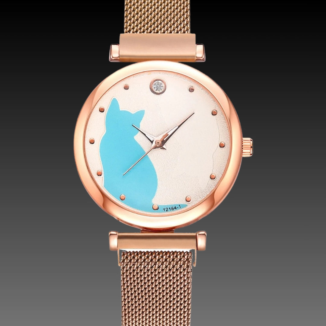 Cute Cat Quartz Watch: 34mm Magnetic Mesh Strap | 10mm Slim | Ladies Gift Set